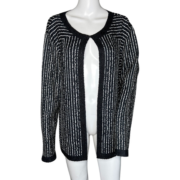 Chicos Sweater Womens Large 2 Black White Stripe Crinkle Cardigan Career Travel - Picture 1 of 8